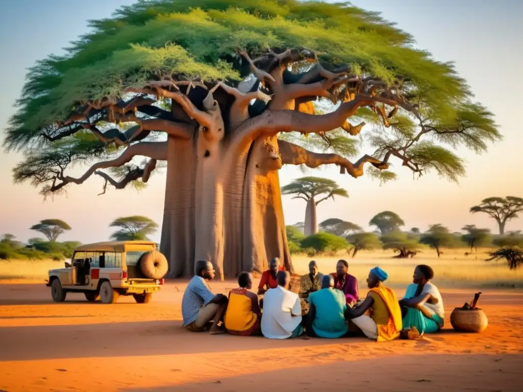 Un grupo de viajeros y un filósofo africano conversan bajo un baobab