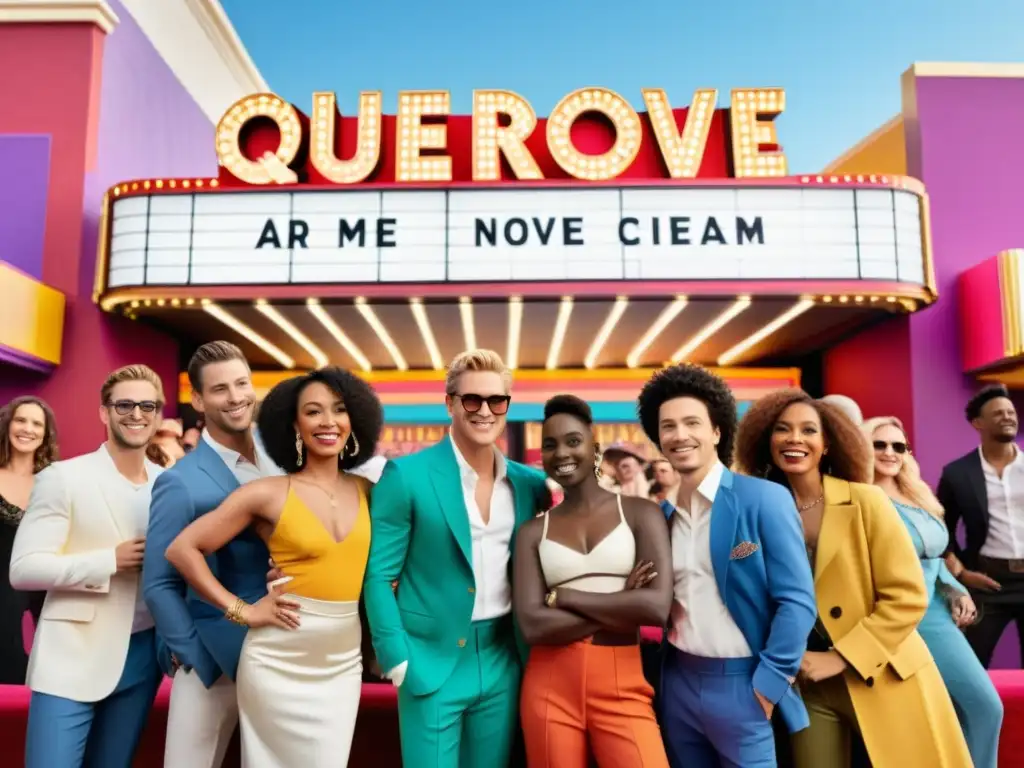 Un grupo vibrante y diverso de personajes de películas queer frente a un colorido cine