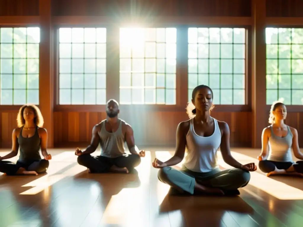 Un grupo en meditación Vipassana, con ojos cerrados y una serena calma, en un salón iluminado por luz natural