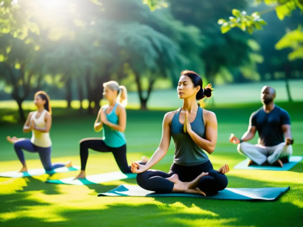 Grupo disfruta de yoga y Tai Chi al aire libre, conectando con la naturaleza