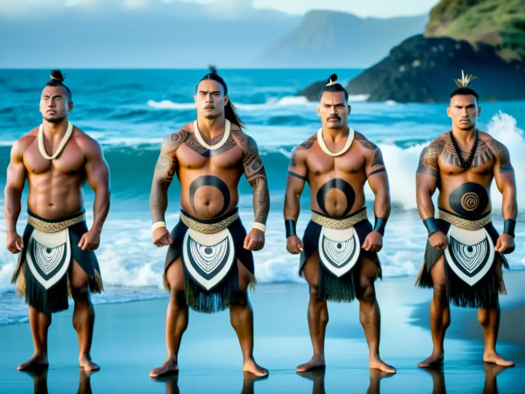 Guerreros Maoríes realizando el haka en la costa de Nueva Zelanda, manifestando la filosofía de la estrategia en Oceanía con fuerza y determinación