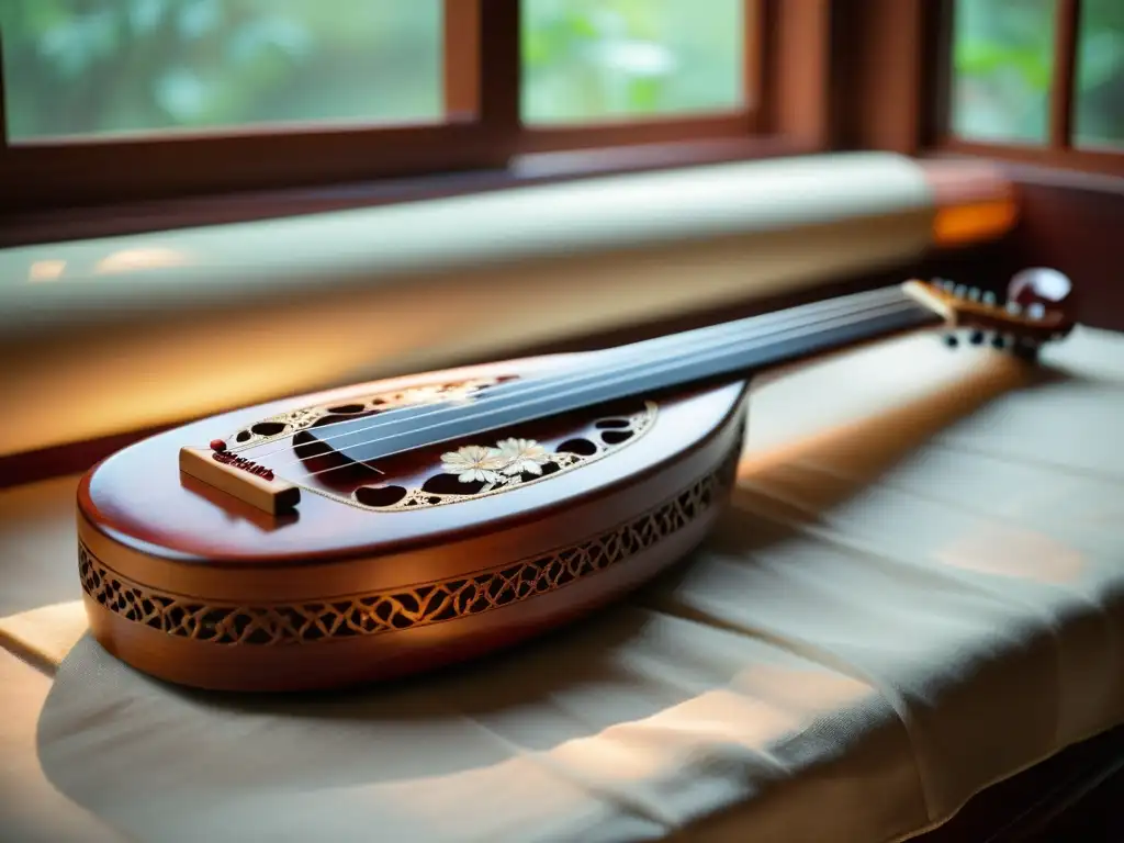 Un guqin chino tallado en madera reposa sobre una tela de seda bordada con detalles florales