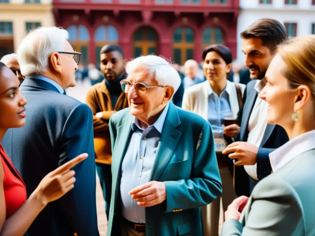 Diálogo vibrante con Jürgen Habermas Jürgen Habermas en animada discusión en plaza pública, reflejando la Teoría Acción Comunicativa Habermas