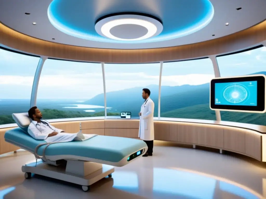 Una habitación hospitalaria futurista con tecnología AI integrada, creando un ambiente calmado y ético en el cuidado de la salud