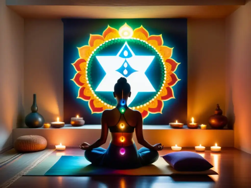 Meditación en habitación iluminada por velas, con pintura de los siete Chakras