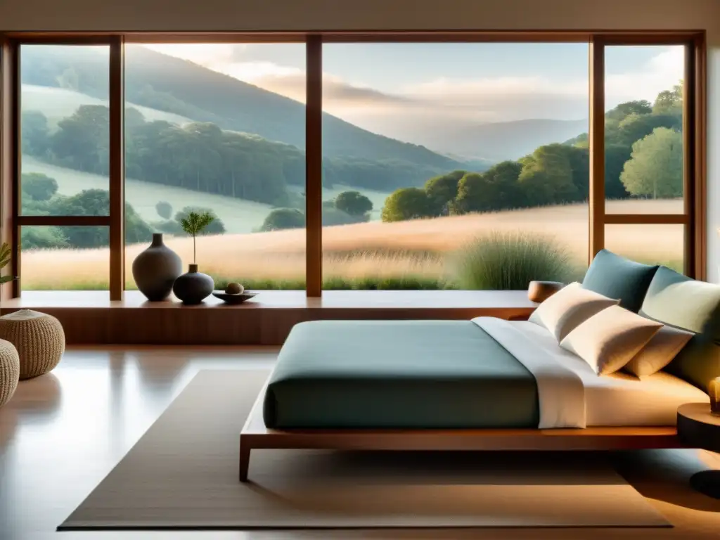 Una habitación minimalista con vista a la naturaleza, integrando lecciones de filosofía estoica para una vida sin estrés