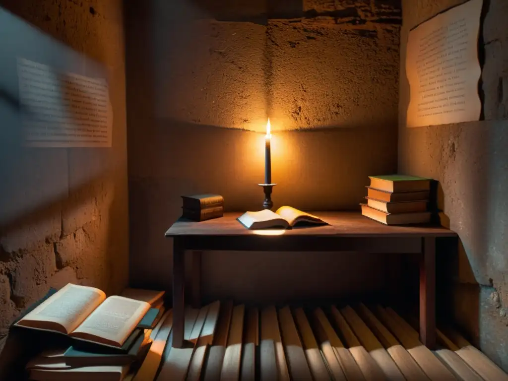 Una habitación tenue con libros desgastados, una vela titilante y citas filosóficas: literatura que combate la opresión con resistencia