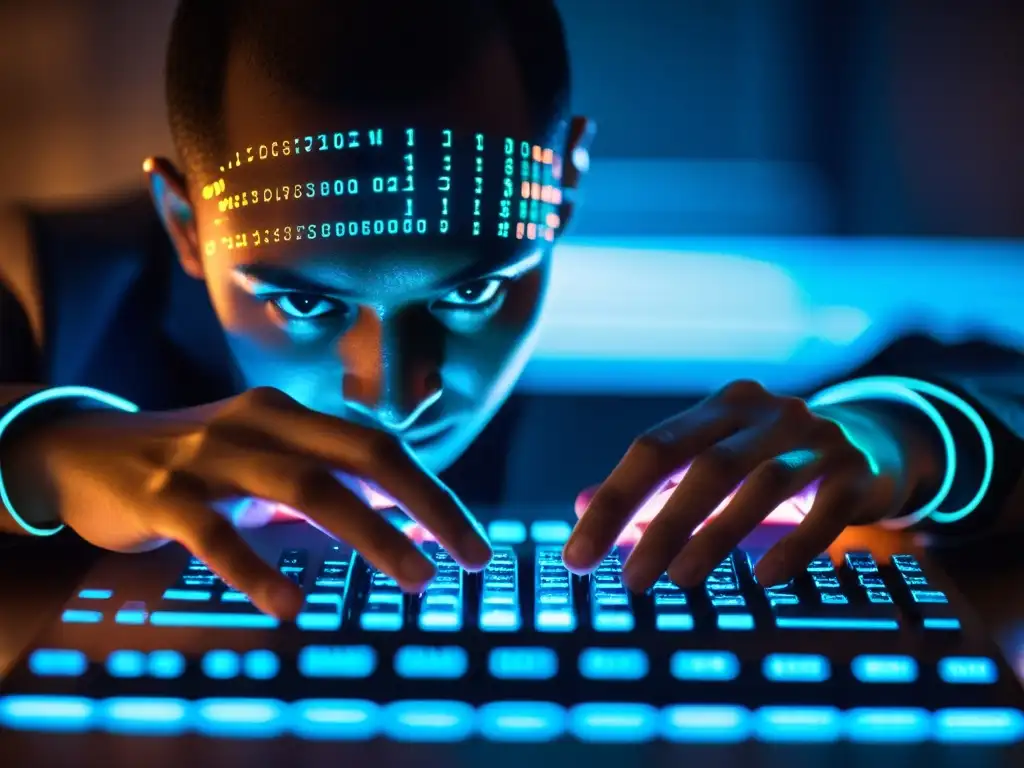 Un hacker teclea en la penumbra, con códigos reflejados en su rostro