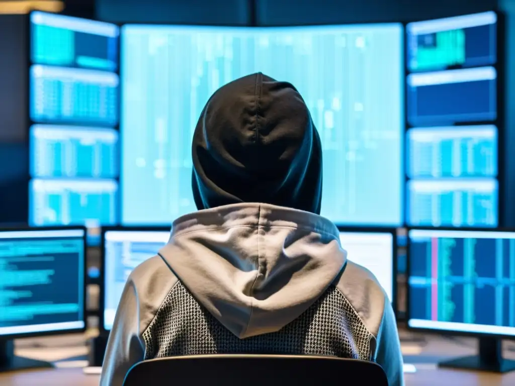 Un hacker en la penumbra, rodeado de pantallas y código, explorando los desafíos éticos de la seguridad digital y la IA