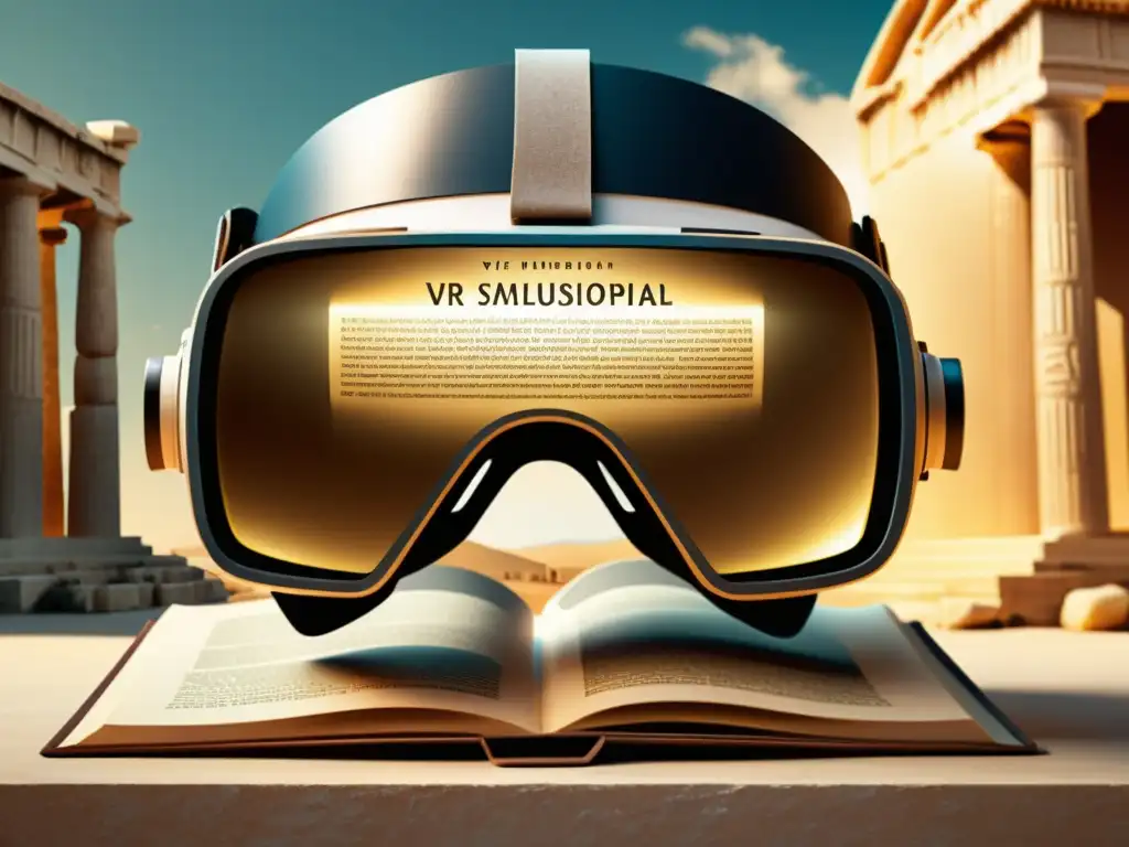 Un headset de VR futurista junto a texto filosófico antiguo, con simulación de Realidad Virtual en ambiente griego