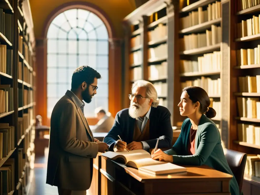 Scholars discuten filosofía helenística en biblioteca soleada, rodeados de libros antiguos y manuscritos, transmitiendo exploración intelectual