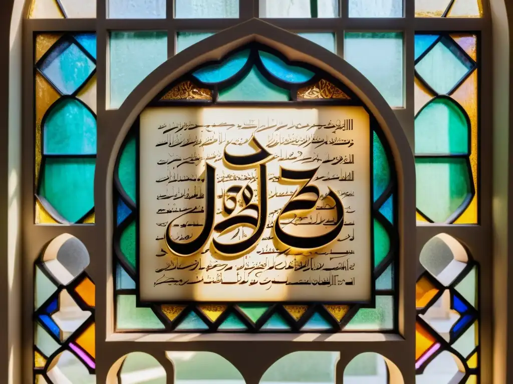 Una hermosa caligrafía de un verso del Corán en pergamino iluminado por luz natural en una mezquita histórica