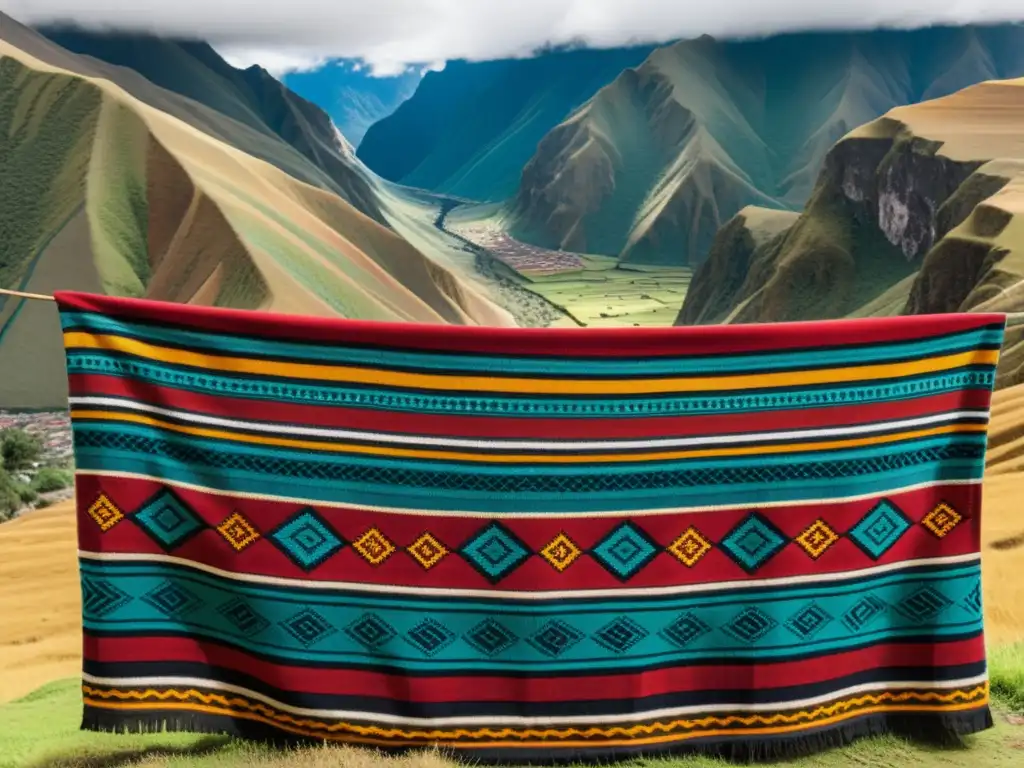 Una hermosa pieza de arte textil andino, con patrones geométricos intrincados y colores vibrantes, tejida con maestría artesanal