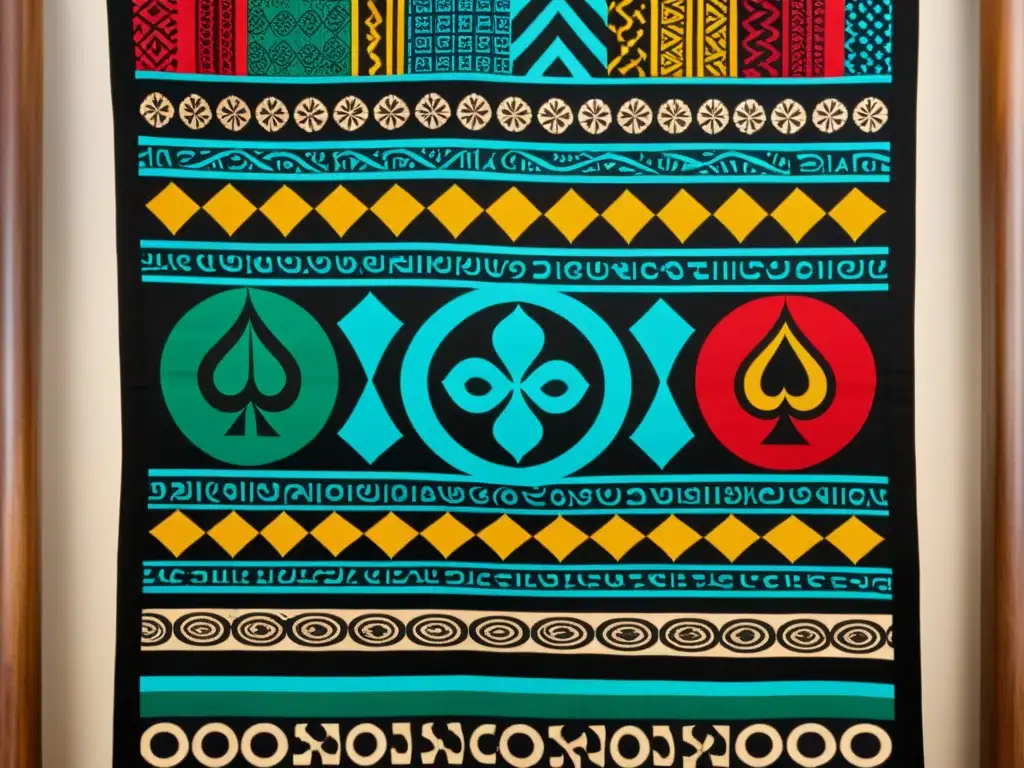 Una hermosa tela tradicional de Ghana con símbolos Adinkra, ofreciendo un rico significado filosófico en sus intrincados patrones y colores vibrantes