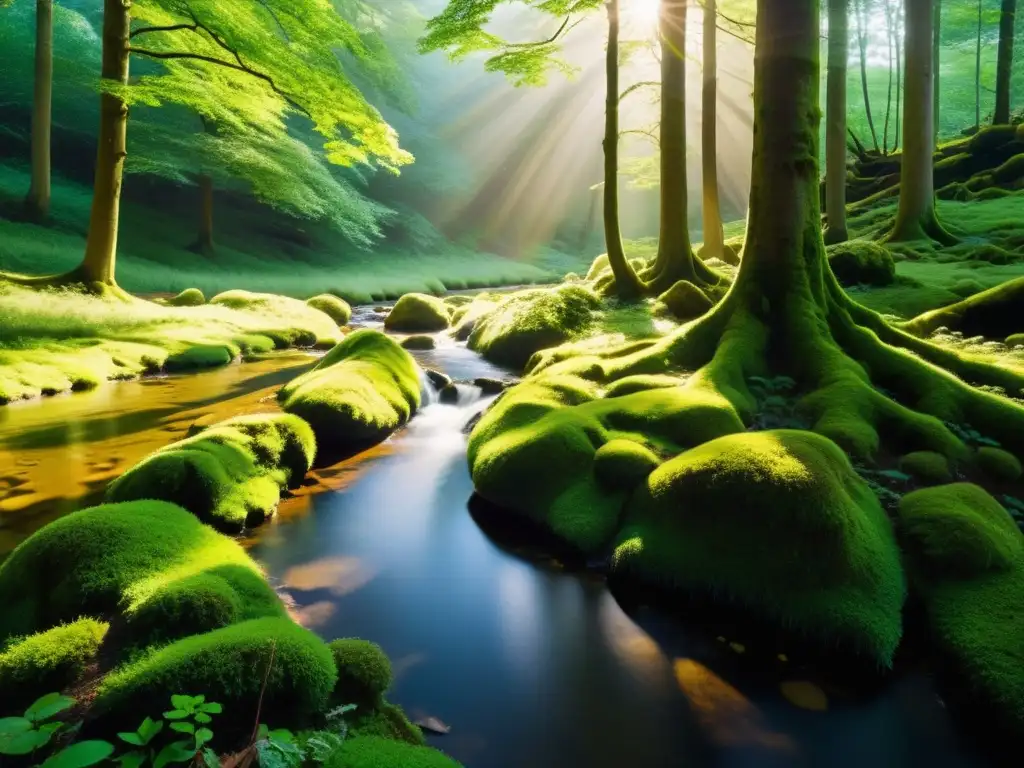 Un hermoso claro en el bosque, con rayos de sol filtrándose entre los árboles y creando sombras en el suelo musgoso