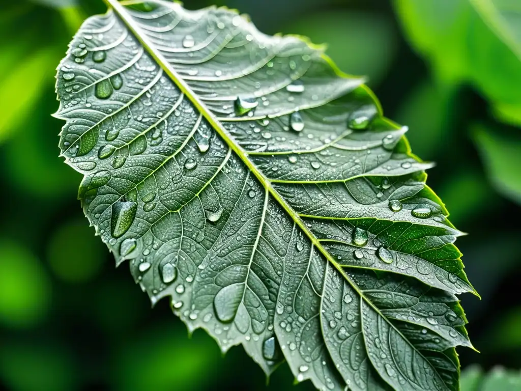 Hoja verde cubierta de gotas de agua en un bosque frondoso