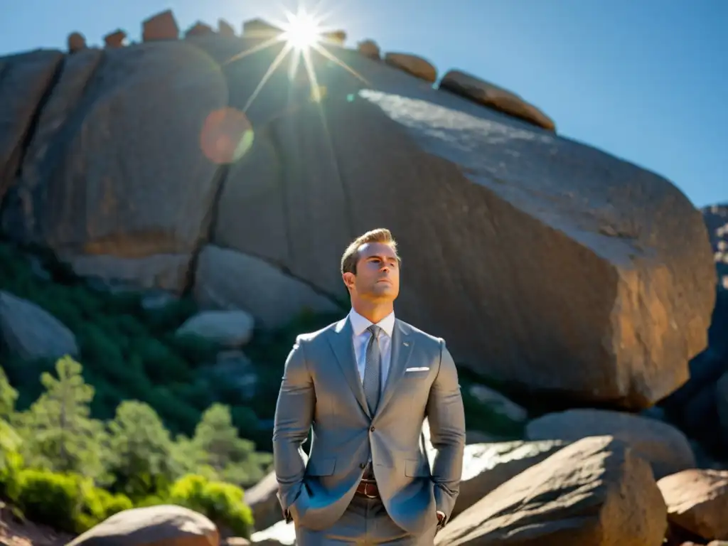 Un hombre desafiante empuja una roca cuesta arriba bajo el sol abrasador, evocando la narrativa filosófica de Groundhog Day