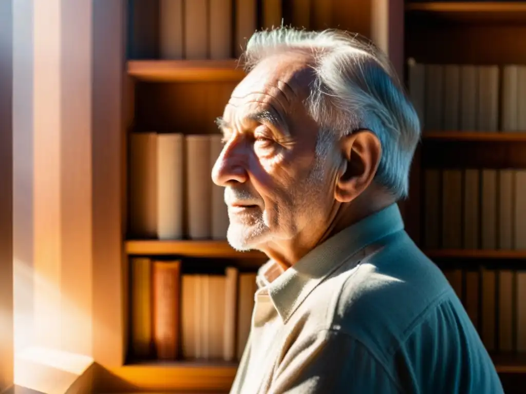 Un hombre mayor reflexivo en una habitación llena de libros desgastados, con un ambiente de serenidad y contemplación