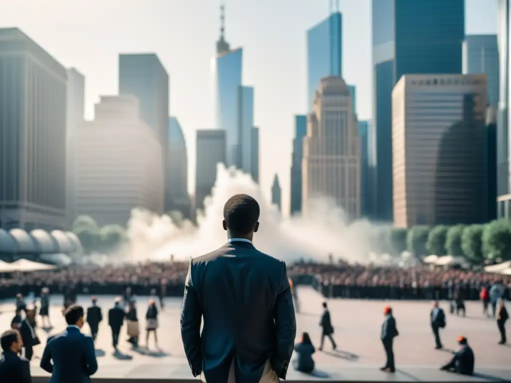 Un hombre en una plaza de ciudad rodeado de rascacielos y multitudes anónimas, evocando la filosofía del control social en The Truman Show