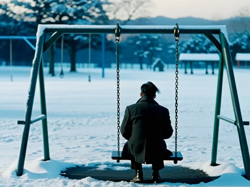 Un hombre solo en un columpio, rodeado de nieve, refleja la soledad y la contemplación existencial en 'Ikiru'