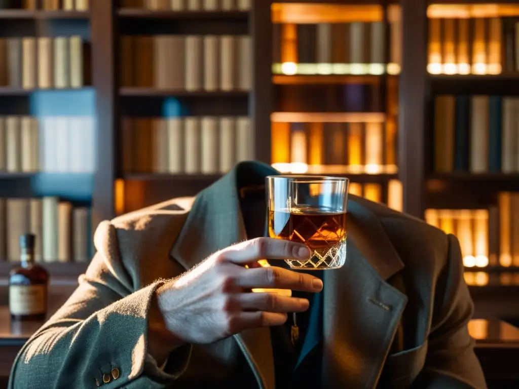 Un hombre sostiene un vaso de whisky en sus manos, rodeado de libros y un globo terráqueo, reflejando la Filosofía Existencialista en 'Ikiru'