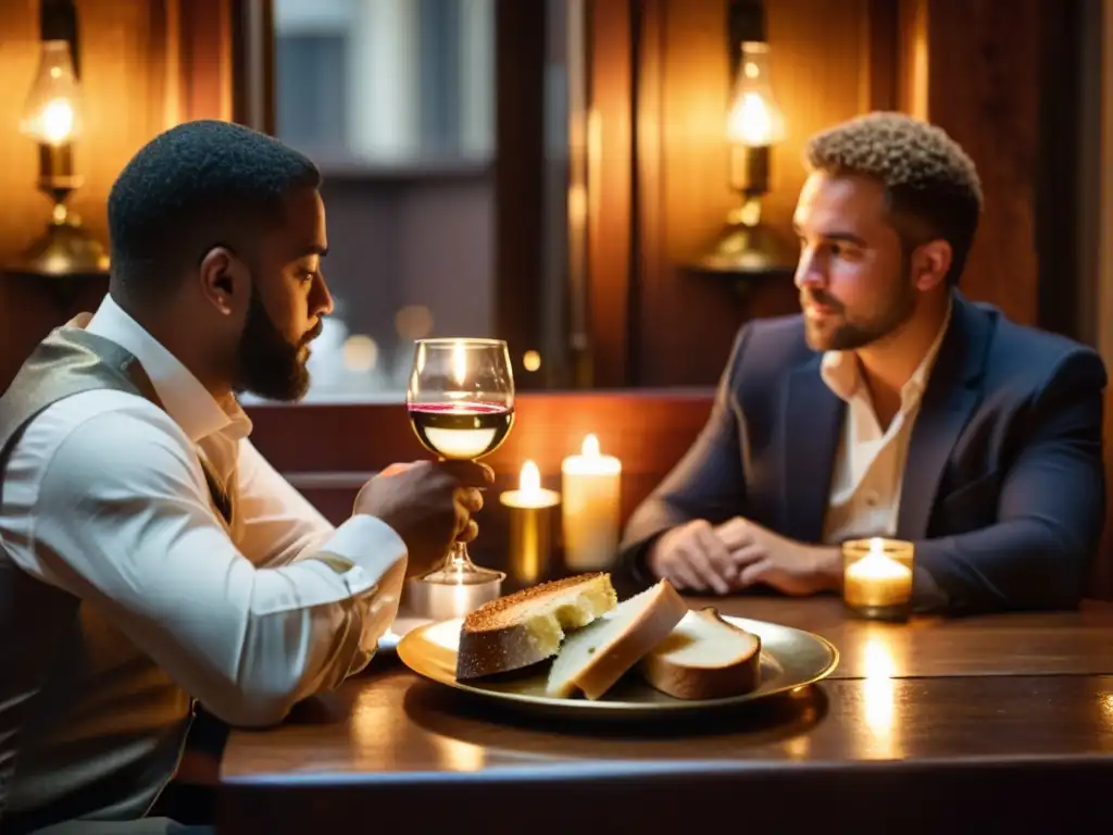 Dos hombres dialogan apasionadamente en un restaurante iluminado por velas