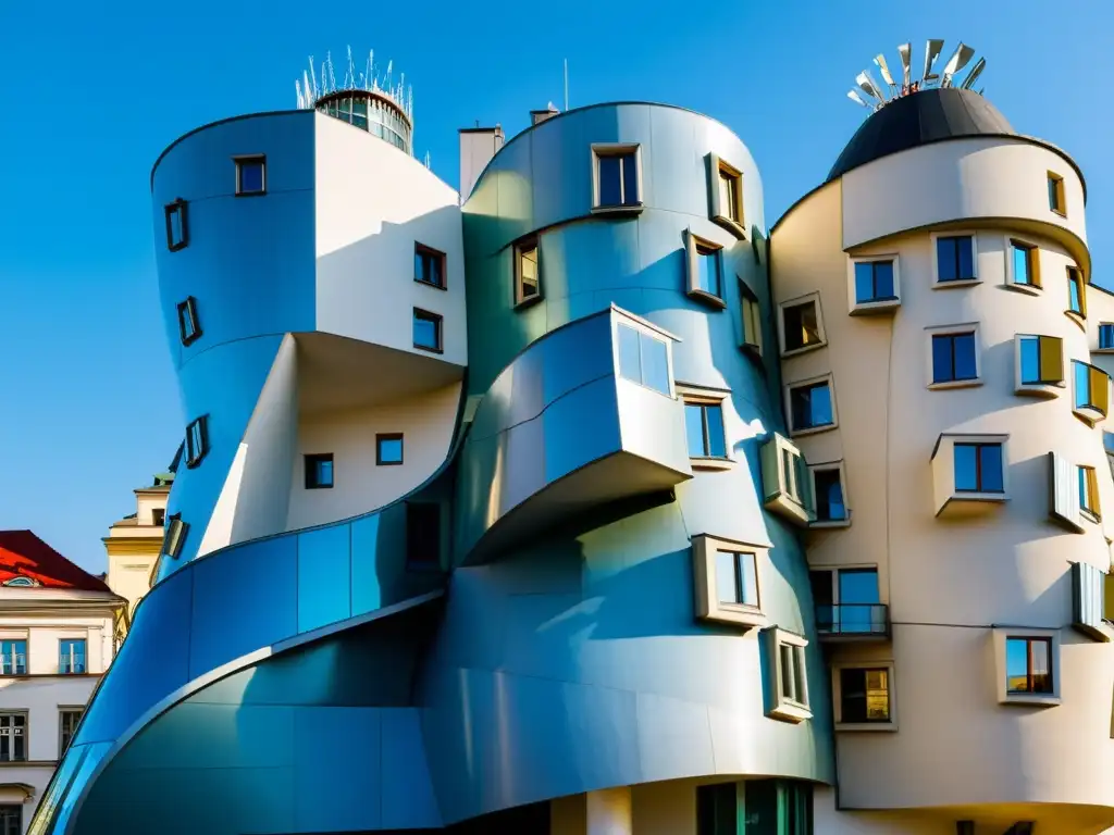 La icónica arquitectura postmoderna del Edificio Danzante en Praga destaca en detalle contra el cielo azul