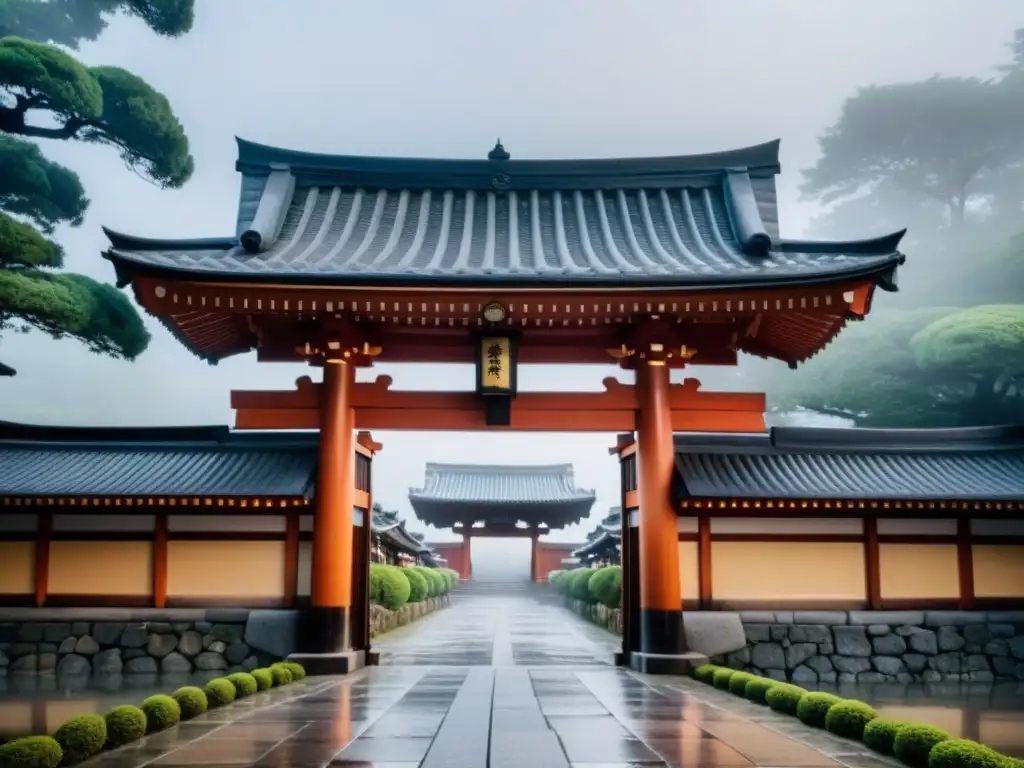 La icónica puerta Rashomon en Kyoto, Japón, emerge en la neblina matutina, evocando misterio y subjetividad