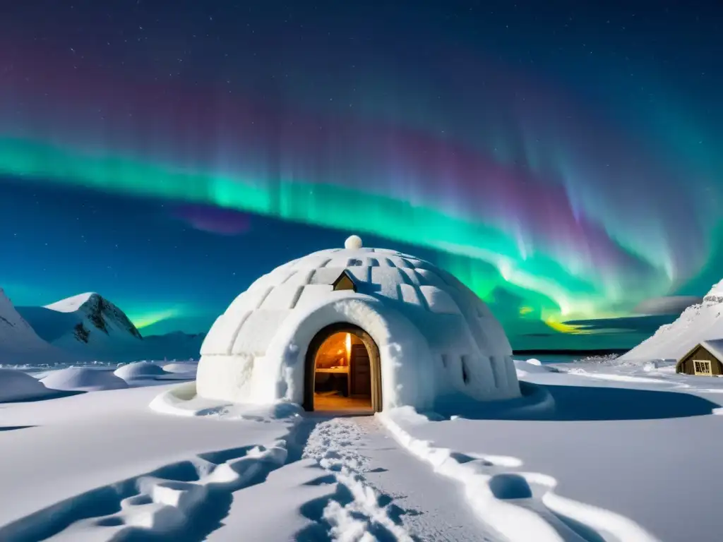 Un iglú inuit tradicional iluminado por la aurora boreal, reflejando la cosmovisión de los pueblos indígenas del Ártico