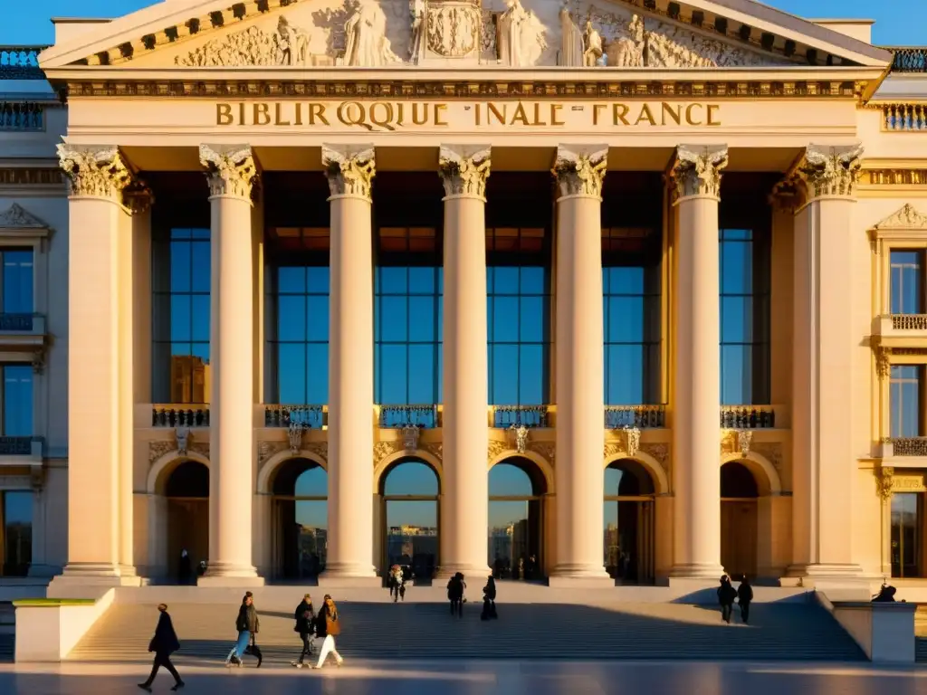 La Bibliothèque nationale de France en París, iluminada por el sol poniente, muestra su imponente fachada neoclásica