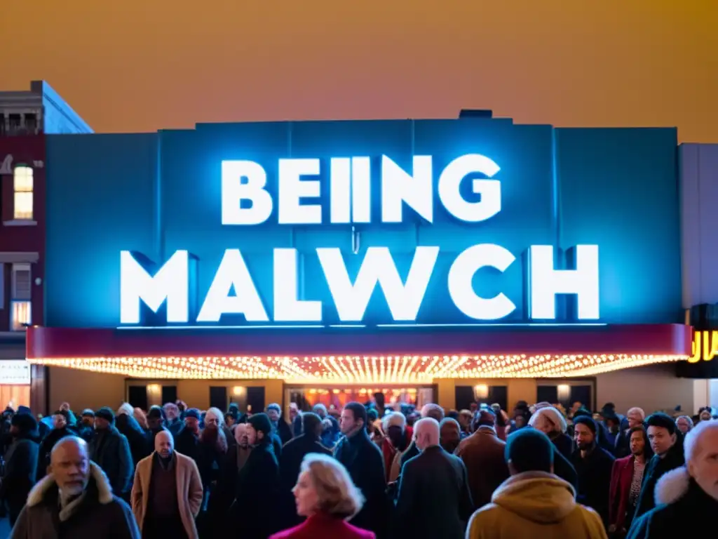 Marquesina iluminada con el título 'Being John Malkovich' en contraste con la bulliciosa ciudad