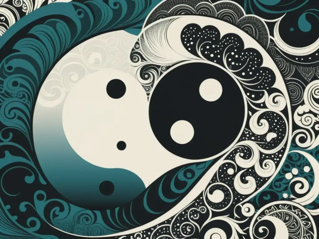 Una ilustración detallada en blanco y negro del símbolo yin y yang, con patrones intrincados que representan equilibrio y contraste en el Taoísmo
