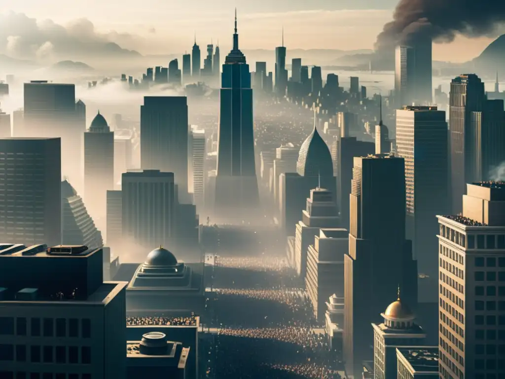 Una ilustración detallada de una ciudad bulliciosa, con rascacielos imponentes y calles abarrotadas