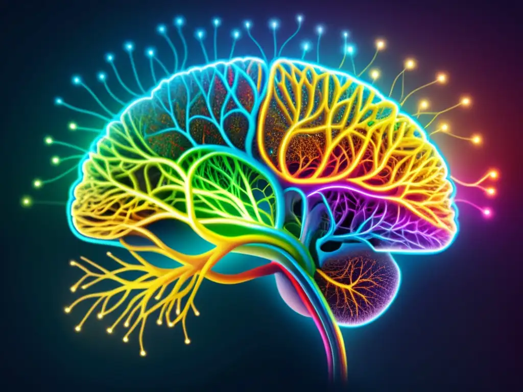 Una ilustración detallada de las complejas vías neurales en el cerebro, representando los procesos cognitivos con colores vibrantes