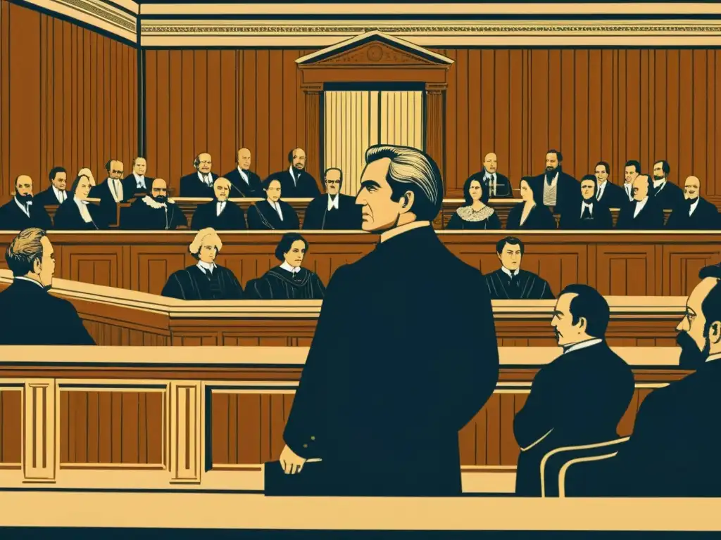 Una ilustración detallada en grabado de madera muestra una escena de tribunal del siglo XIX con jueces, abogados y jurados