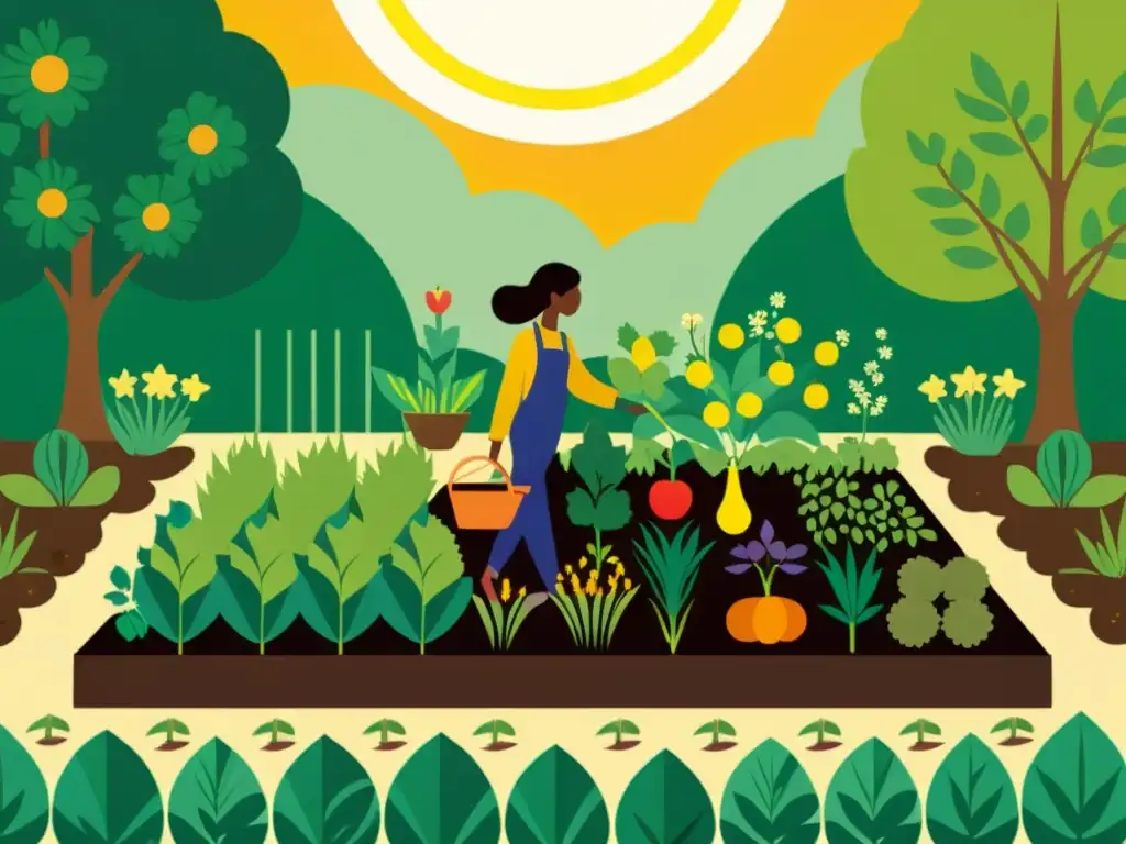 Una ilustración detallada de una persona cultivando pacíficamente un pequeño terreno, rodeado de una variedad diversa de frutas, verduras y flores