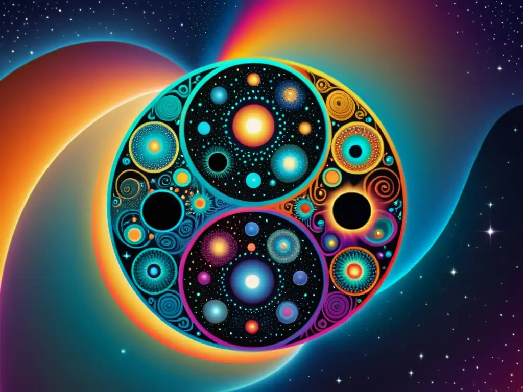 Una ilustración detallada del símbolo yin y yang con partículas microscópicas y patrones intrincados, representando la relación entre Tao y Física