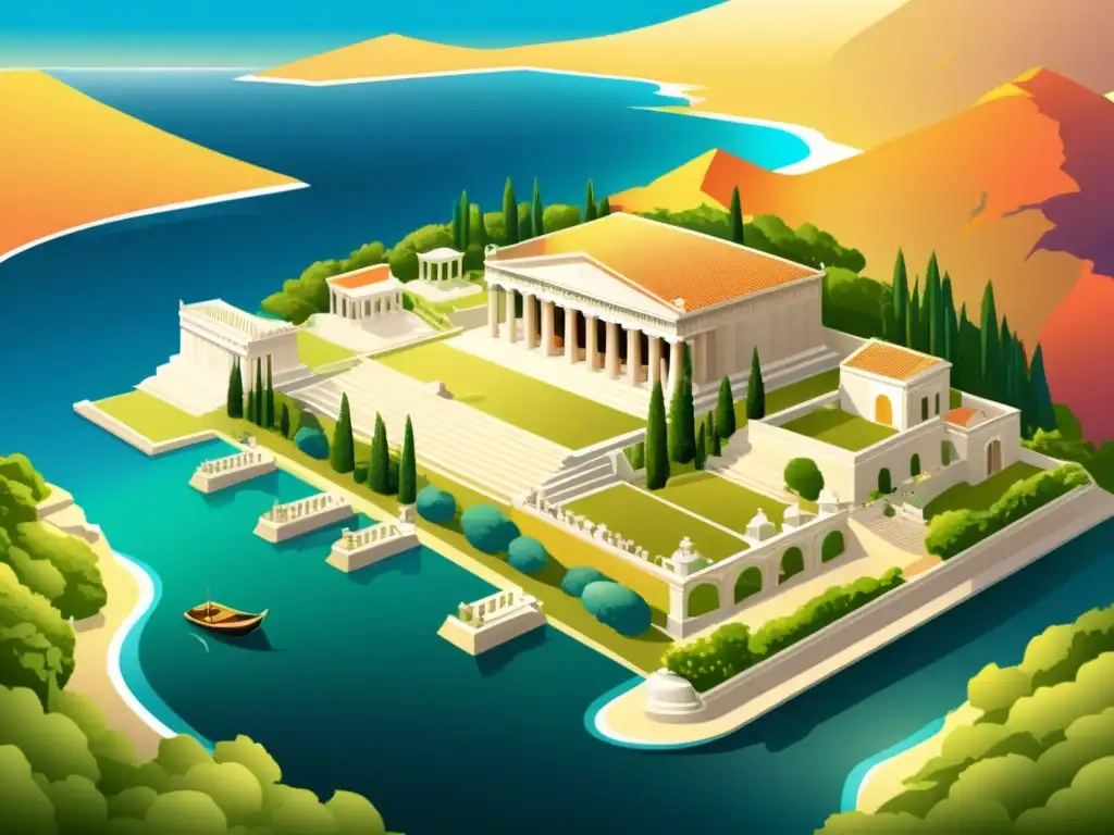 Una ilustración digital detallada de una utopía de la República de Platón: una ciudad griega idealizada con edificios de mármol, mercados bulliciosos, filósofos debatiendo y paisajes exuberantes
