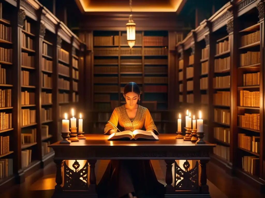 Una ilustración digital impresionante de una biblioteca serena iluminada por velas, evocando el diálogo entre fe y razón en el Iluminismo