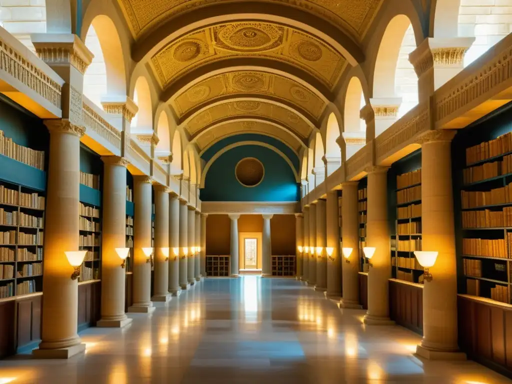Una ilustración de la grandiosa Biblioteca de Alejandría, con detalles arquitectónicos, eruditos y una atmósfera de Filosofía científica en la antigua Alejandría