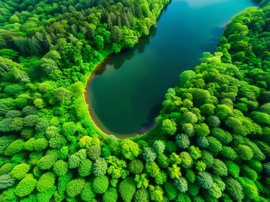 Imagen aérea de un exuberante bosque verde con un dosel diverso, donde la luz del sol crea un efecto moteado en el suelo
