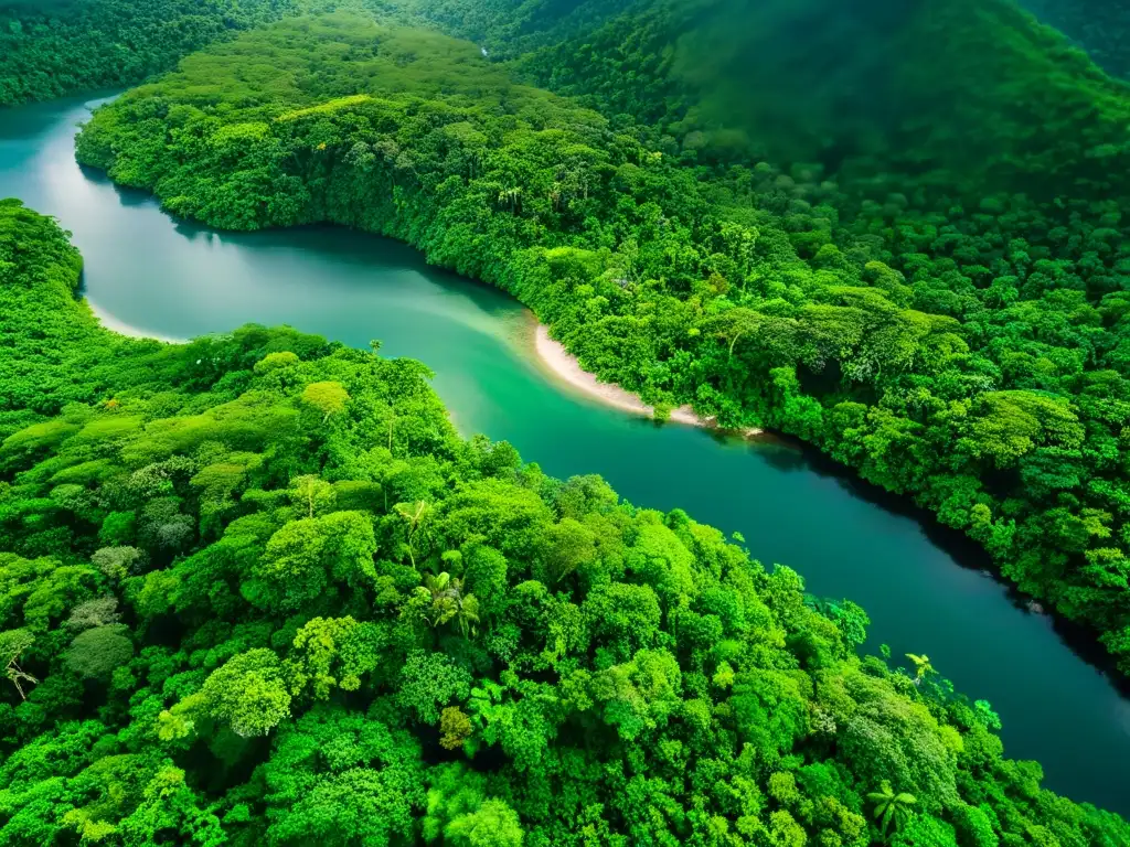 Imagen aérea del exuberante paisaje tropical del Caribe, con densa selva, ríos sinuosos y flora vibrante