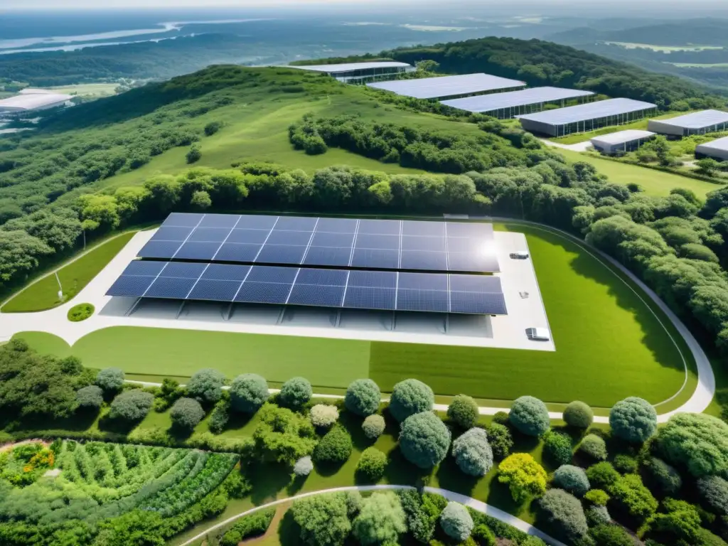 Imagen aérea de sede corporativa rodeada de vegetación, con paneles solares en el techo