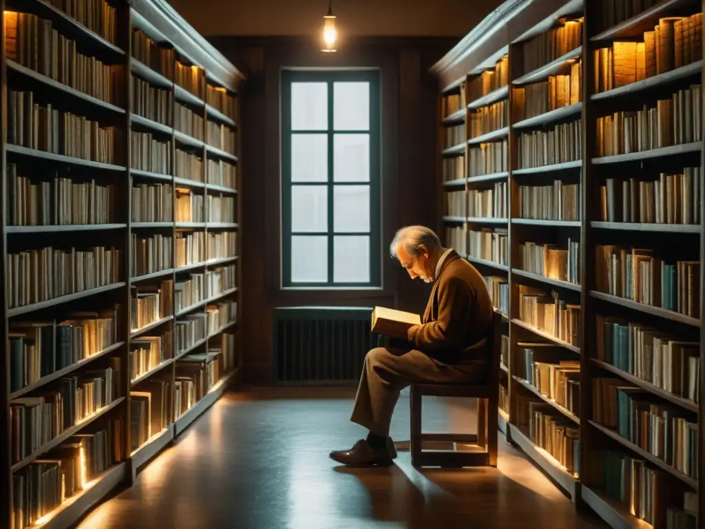 Imagen en alta resolución de una biblioteca tenue, con libros antiguos en estantes