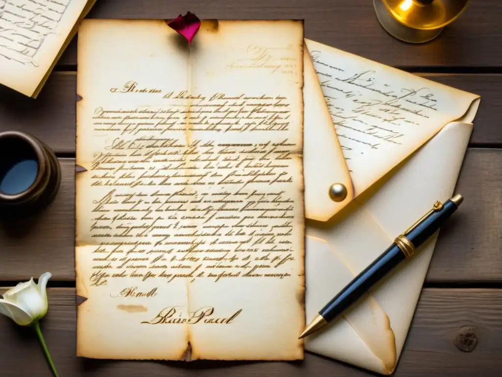 Una imagen de alta resolución estilo documental de una carta antigua escrita a mano por Blaise Pascal, con pliegues visibles y textura envejecida, mostrando sus reflexiones filosóficas sobre el amor, las conexiones humanas y las complejidades de la toma de decisiones emocionales
