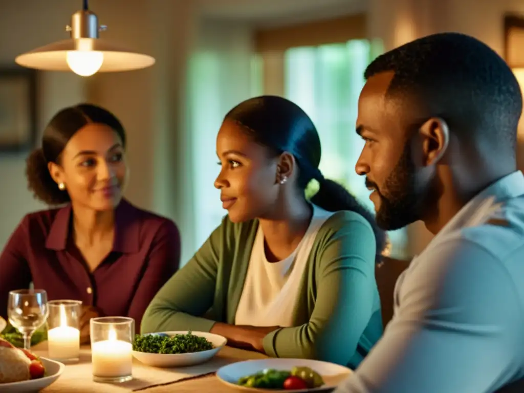 Una imagen de alta resolución que muestra una familia reunida alrededor de la mesa, expresando calidez y cuidado en sus rostros