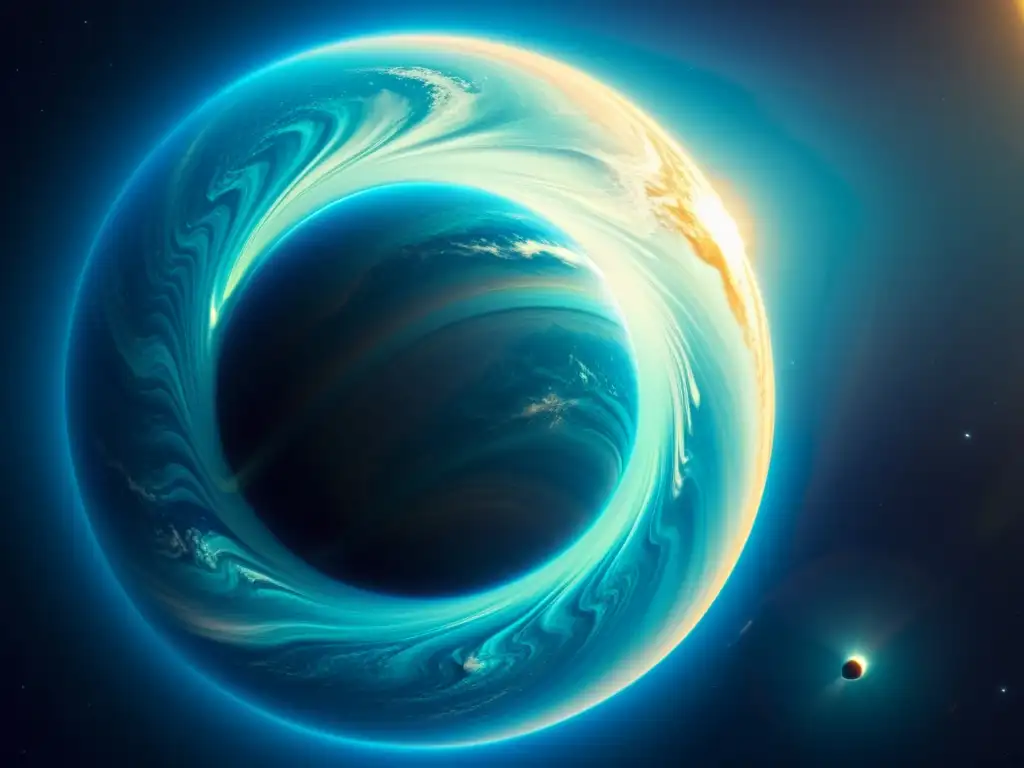 Una imagen de alta resolución del planeta Solaris, con patrones cambiantes y ondulantes en su superficie, evocando la atmósfera enigmática y otro mundo del planeta