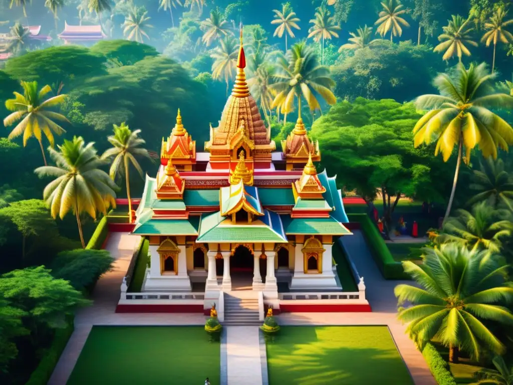 Imagen en alta resolución 8k de un templo hindú tradicional rodeado de exuberante vegetación, devotos en oración y una atmósfera espiritual