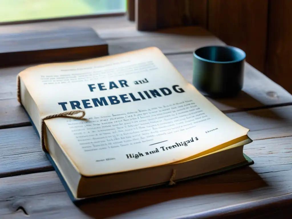 Una imagen de alta definición de 'El temor y temblor' de Kierkegaard sobre un escritorio de madera desgastado, iluminada por la suave luz natural