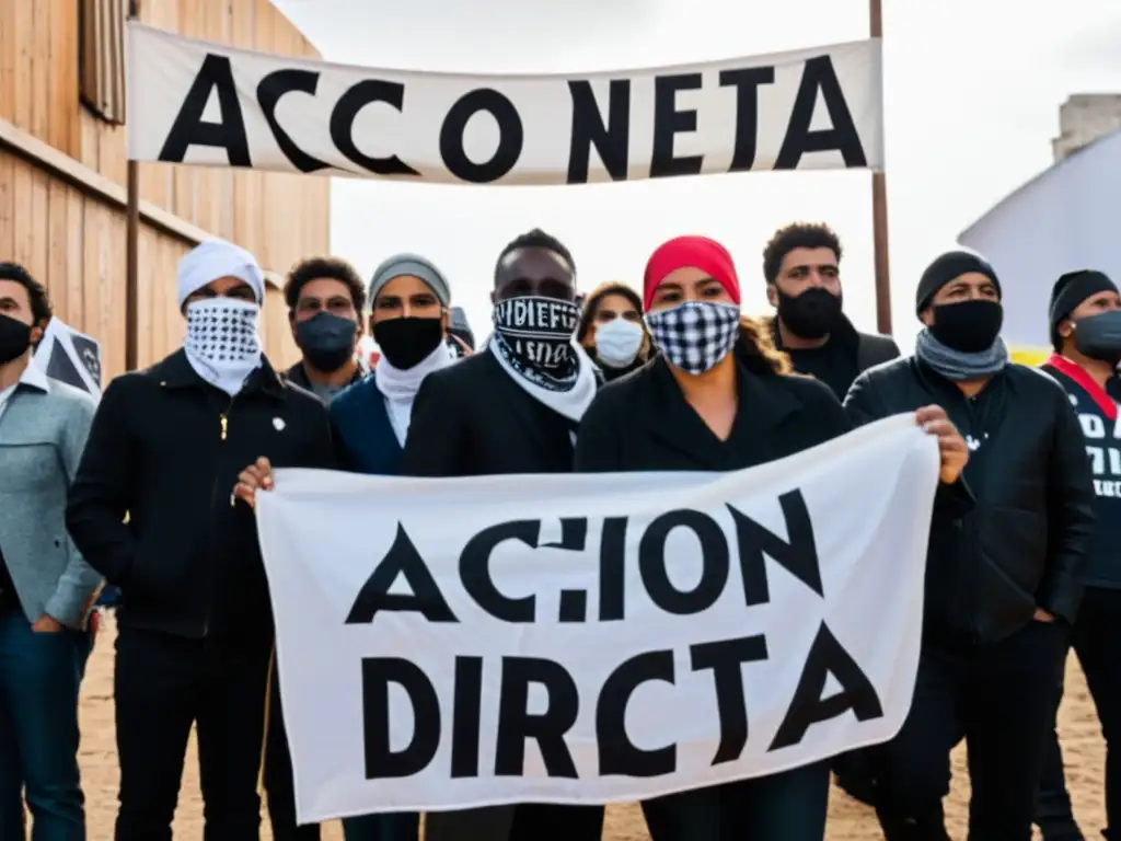 Imagen de manifestación anarquista con pancarta 'Acción Directa', mostrando tácticas y estrategias del movimiento anarquista